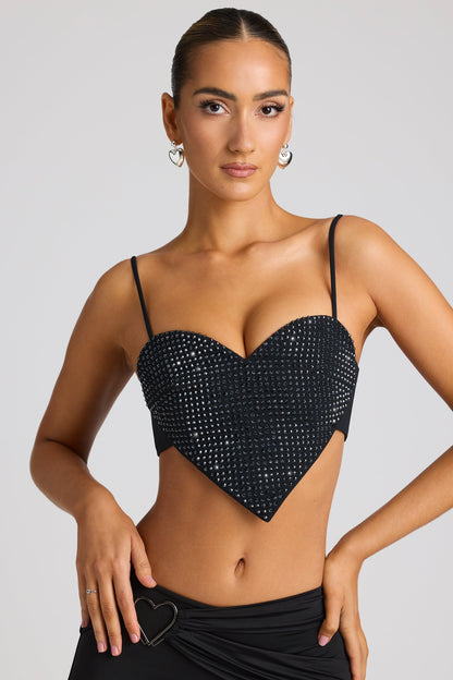 Embellished Statement Heart Shaped Crop Top in Black