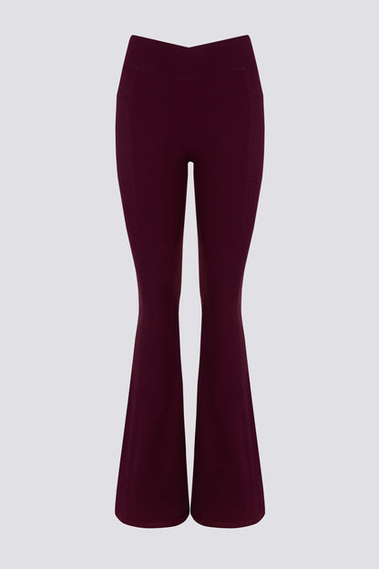 Soft Active V-Waist Pocket Flared Leggings in Burgundy