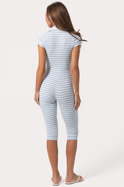 Ribbed Jersey Capri Jumpsuit in Blue Stripe