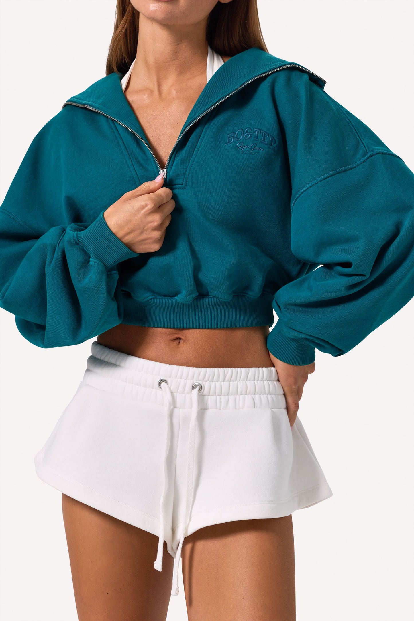 Quarter-Zip Cropped Sweatshirt in Teal