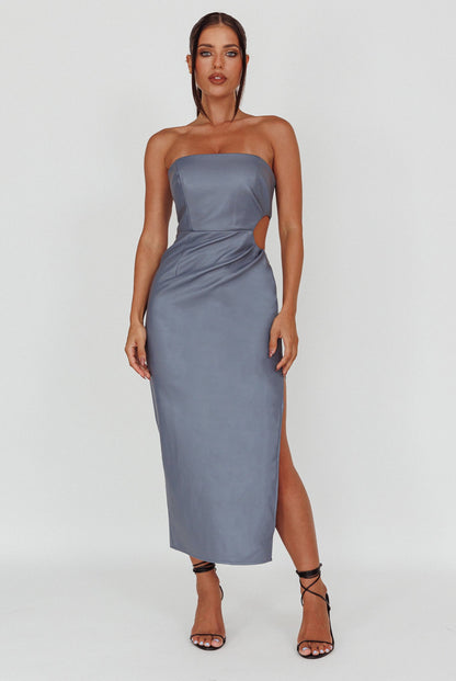 Taking Bets Strapless Midi Dress Leather Midnight Blue
