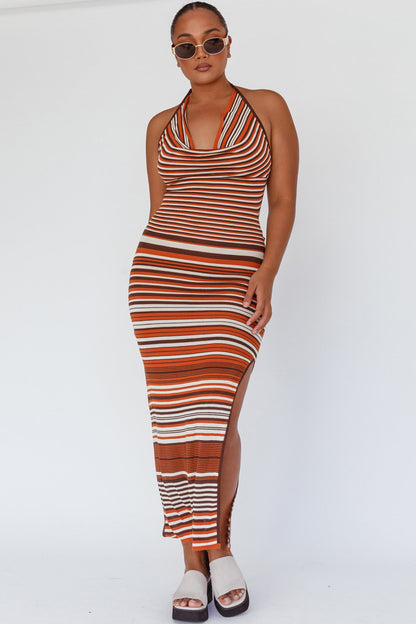 Azure Shores Knit Midi Dress Striped Tan