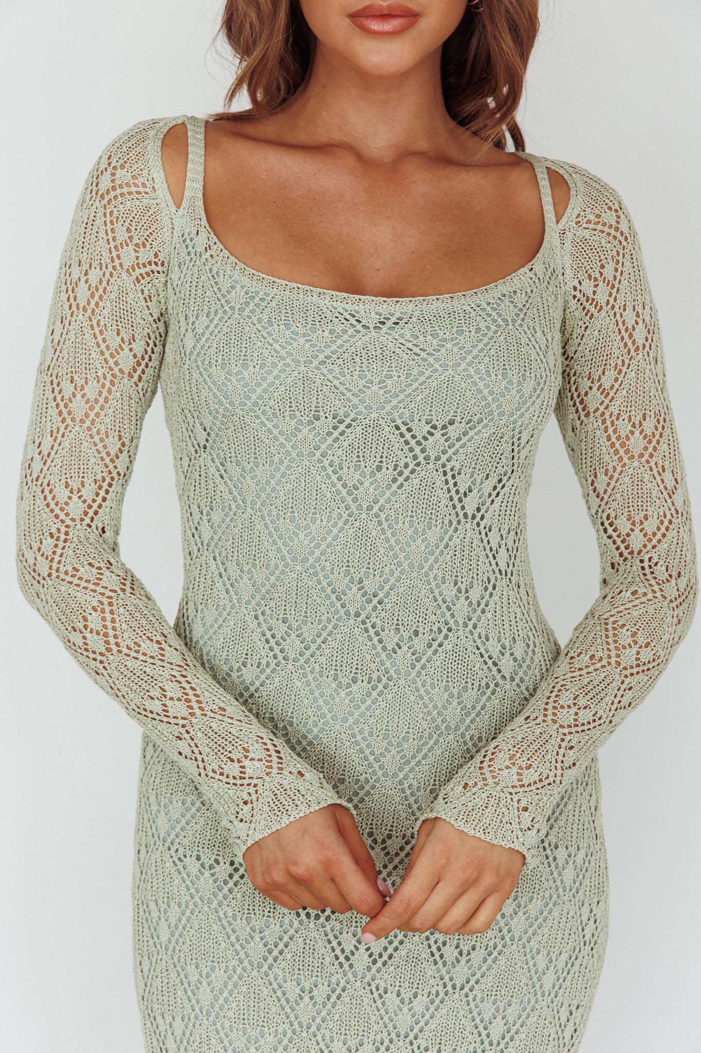 Happy Place Long Sleeve Crochet Midi Dress Sage