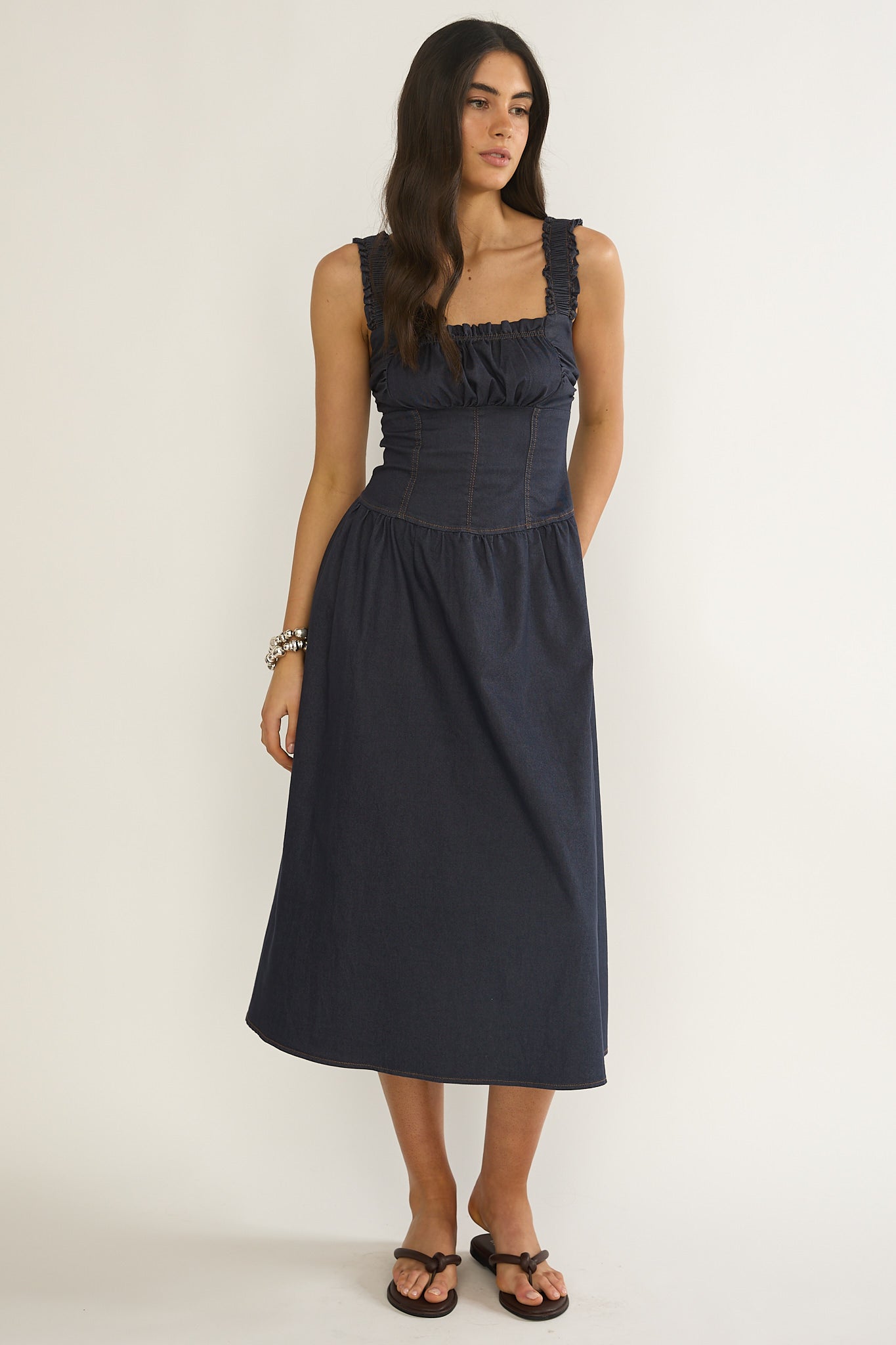 Idyllic Gathered Bust Midi Dress Indigo
