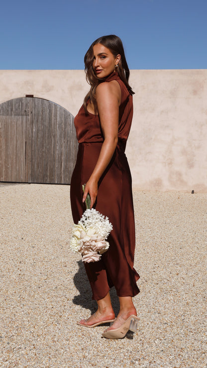 Esther One Shoulder Long Sleeve Dress - Brown
