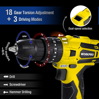 WORKPRO 12V Cordless Drill, Power Tool Set for Home, 177 Pieces Combo Kit with 14-inch Storage Bag and 1500mAh Lithium-Ion Battery & Charger (Yellow)
