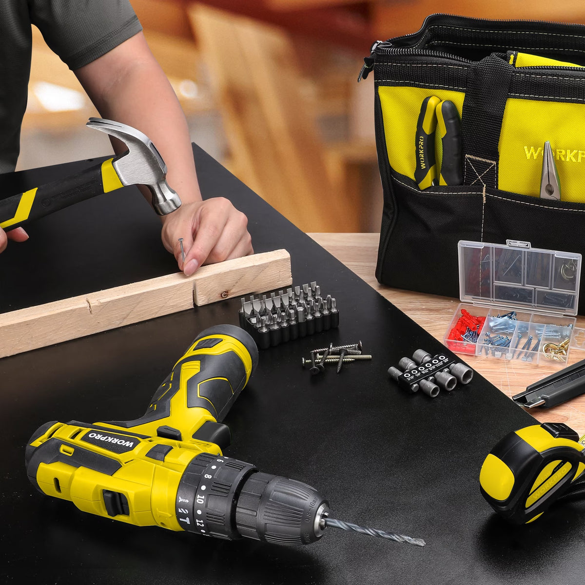 WORKPRO 12V Cordless Drill, Power Tool Set for Home, 177 Pieces Combo Kit with 14-inch Storage Bag and 1500mAh Lithium-Ion Battery & Charger (Yellow)