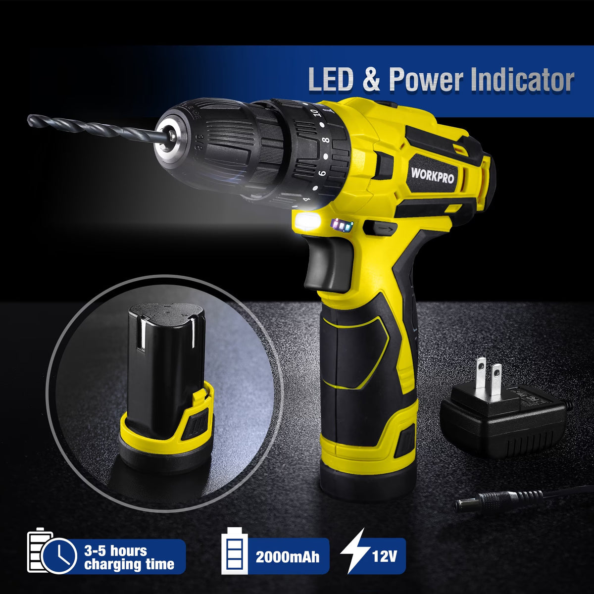WORKPRO 12V Cordless Drill, Power Tool Set for Home, 177 Pieces Combo Kit with 14-inch Storage Bag and 1500mAh Lithium-Ion Battery & Charger (Yellow)