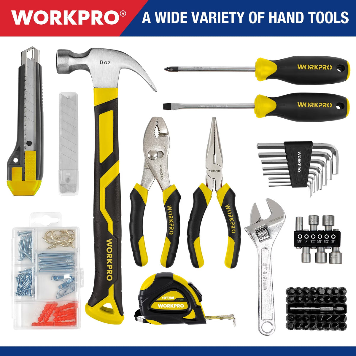 WORKPRO 12V Cordless Drill, Power Tool Set for Home, 177 Pieces Combo Kit with 14-inch Storage Bag and 1500mAh Lithium-Ion Battery & Charger (Yellow)
