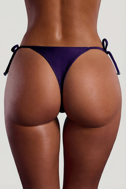 Bead-Embellished Side-Tie Micro Cheeky Bikini Bottoms in Deep Purple