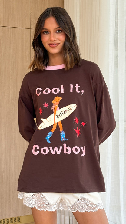 Cool It Cowboy Long Sleeve Top - Chocolate/Pink