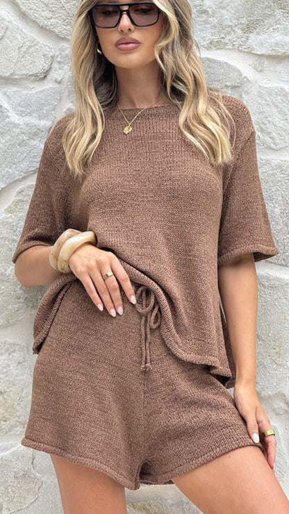 Makai Knitted T-Shirt and Shorts Set - Chocolate