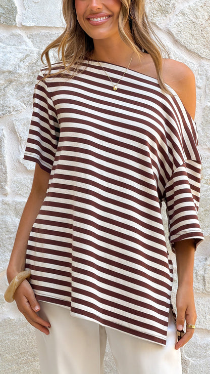 Pia One Shoulder Oversize Tee - Choc/White Stripe