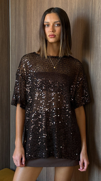 Varni Oversized Sequins Tee - Chocolate