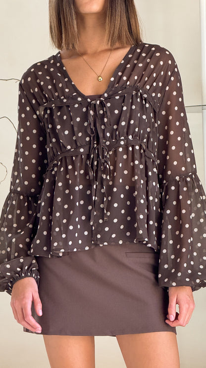 Elke Tie Blouse - Chocolate/White Polka Dot