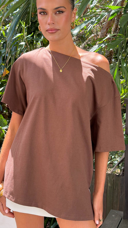 Pia One Shoulder Oversize Tee - Chocolate