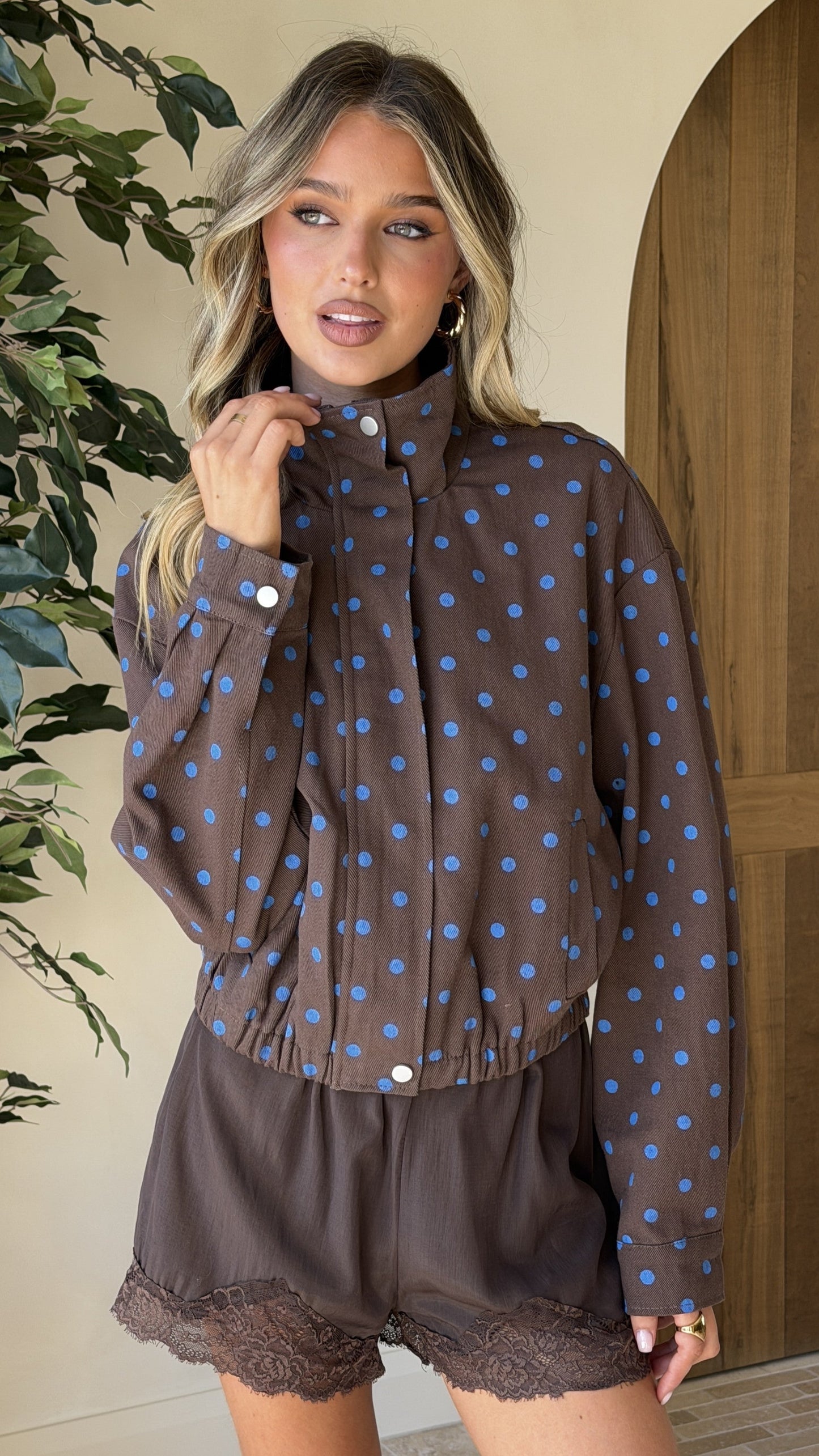 Nessie Funnel Neck Jacket - Chocolate/Blue Polka