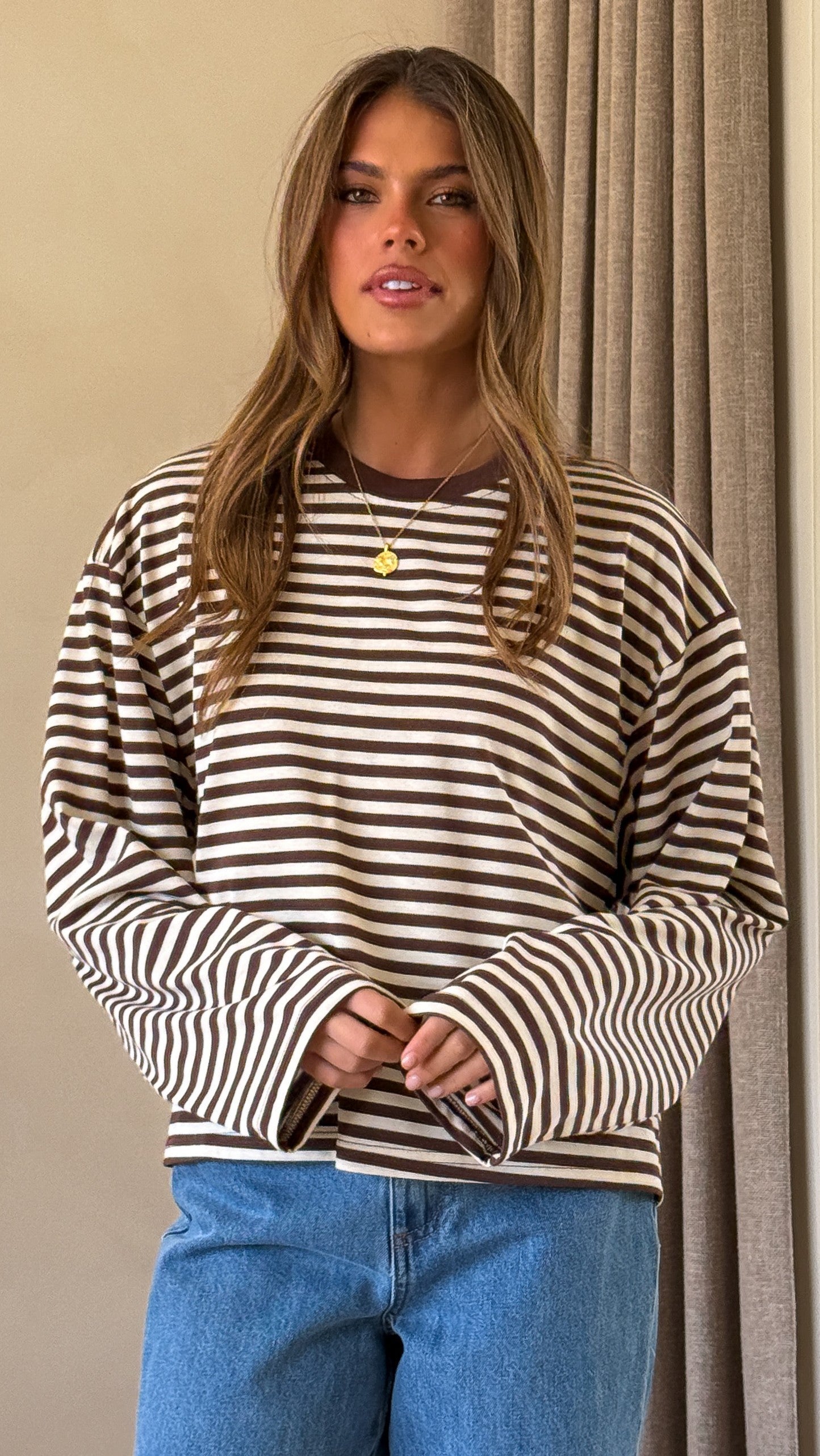 Solana Long Sleeve Top - Choc/White Stripe