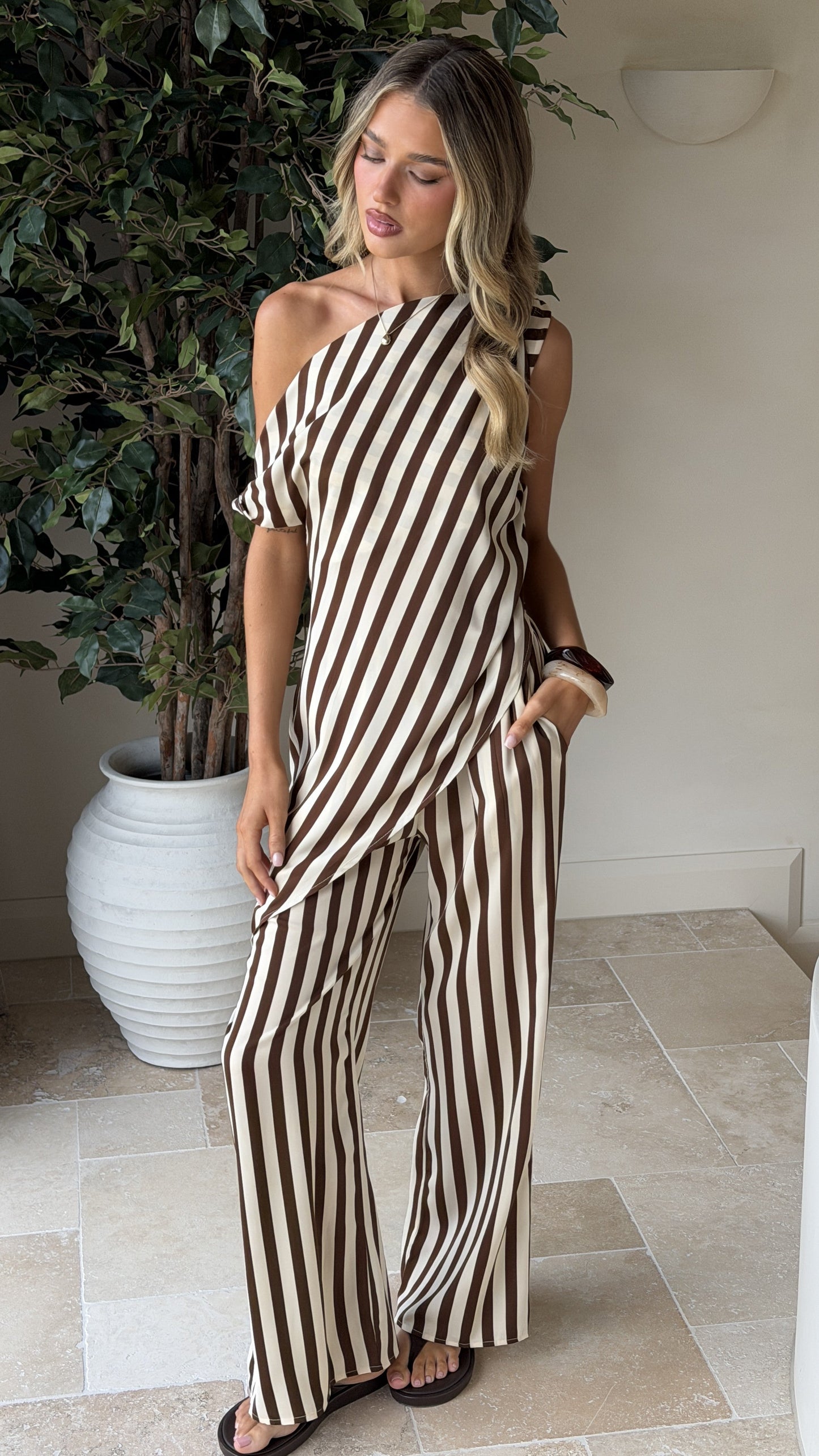 Liana Off Shoulder Top & Pants Set - Brown Stripe