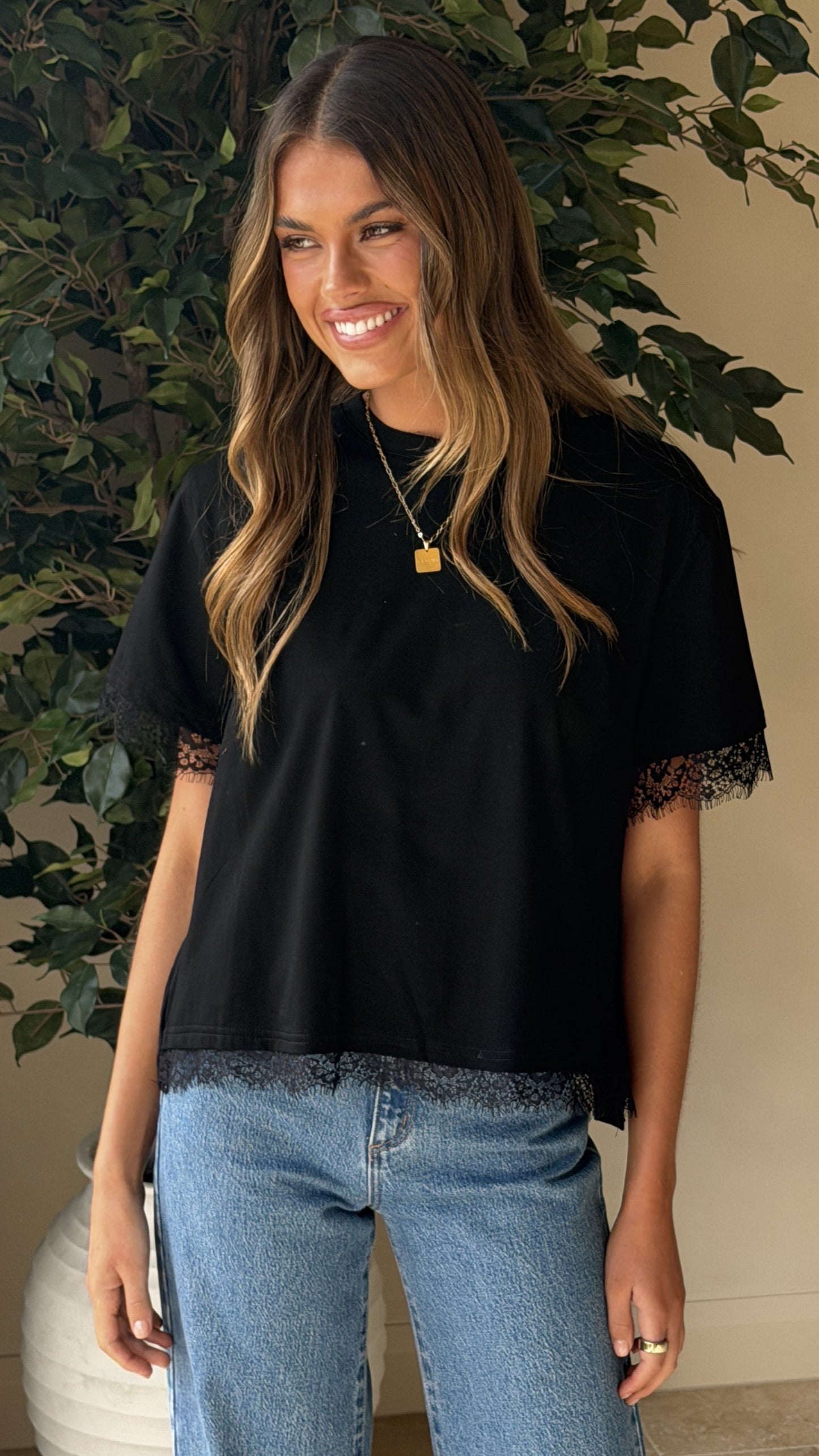 Clare Lace Back T-Shirt - Black