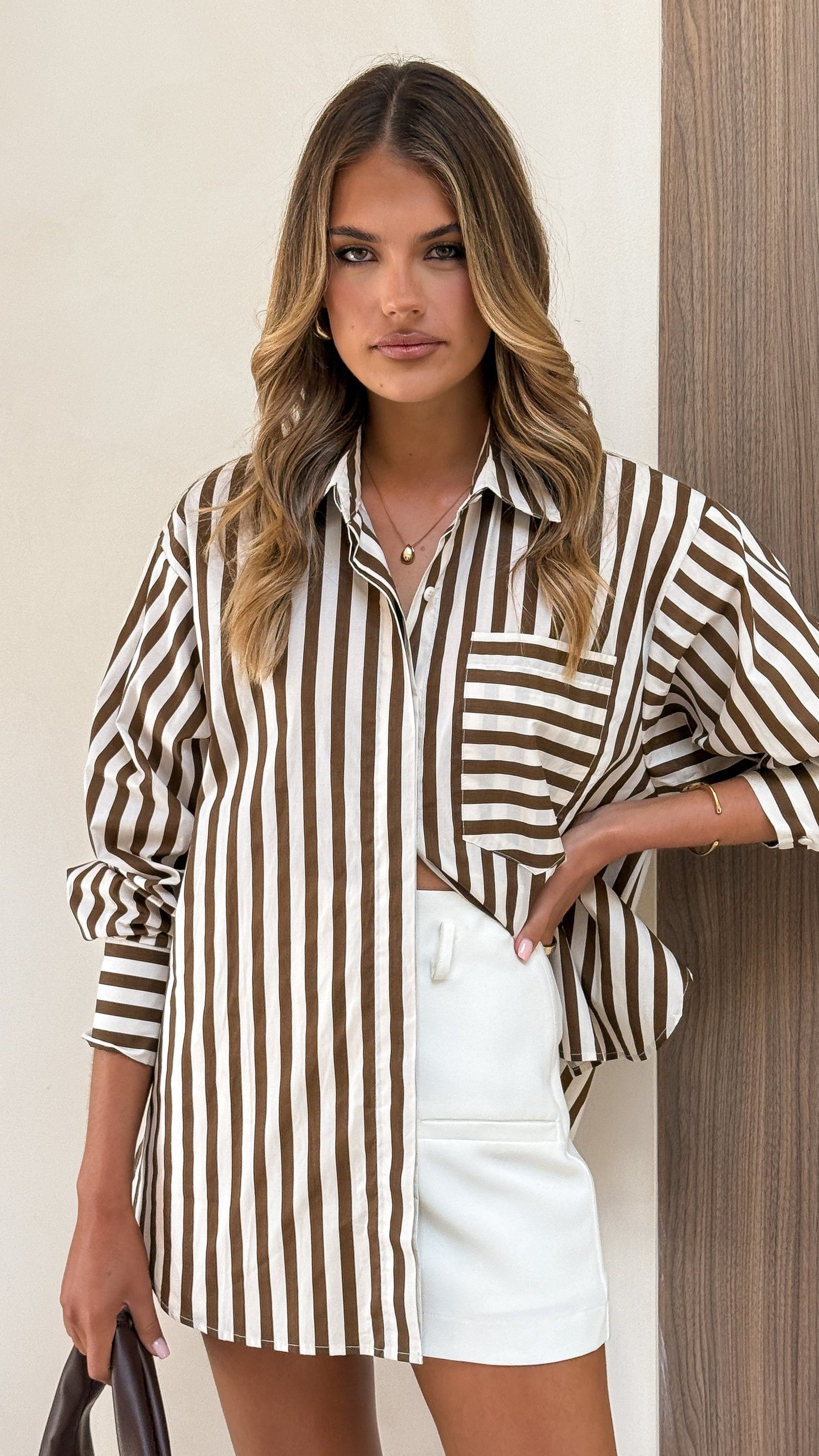 Zoah Long Sleeve Button Up Shirt - Choc/Champagne Stripe