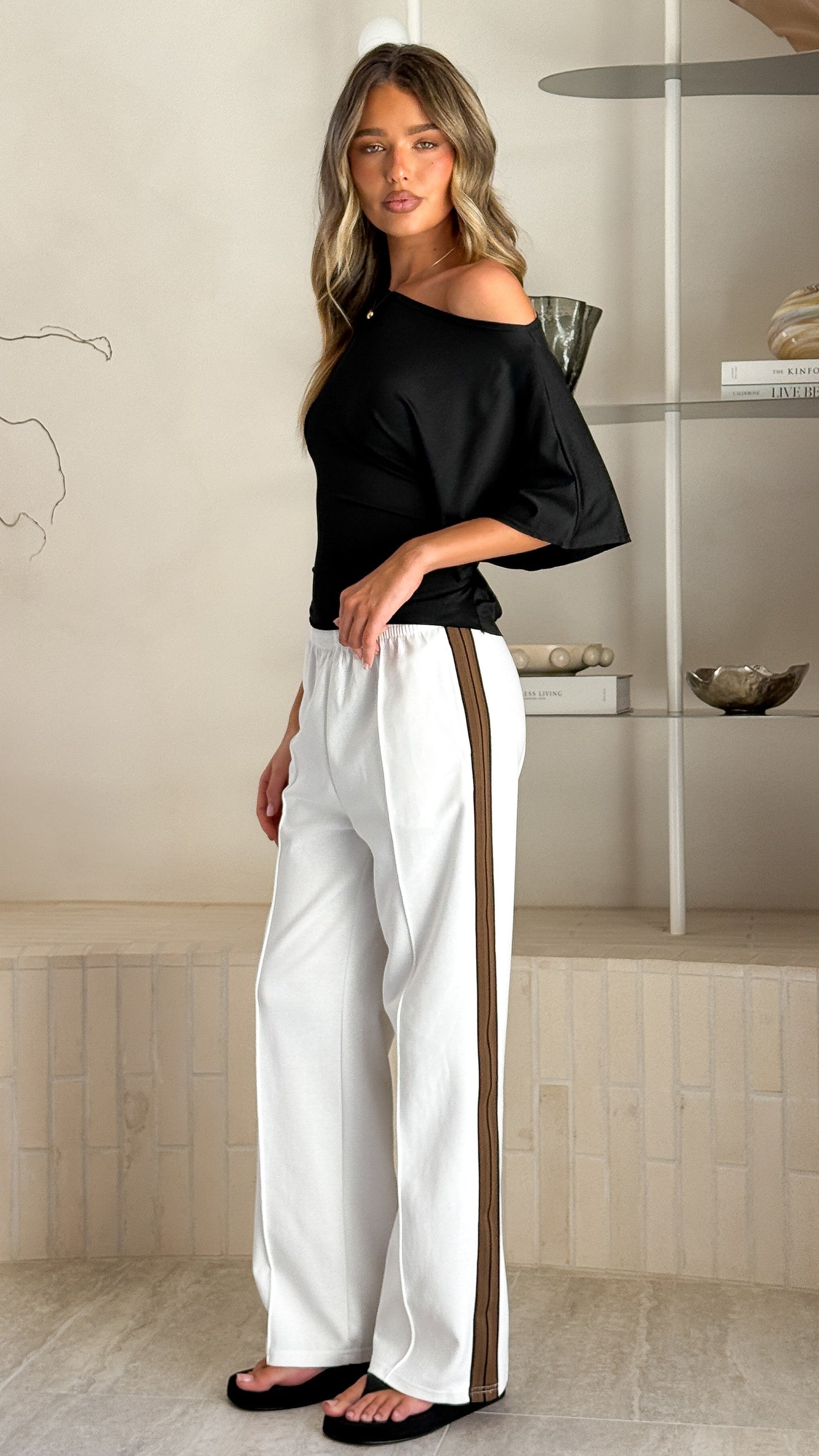 Isaiah Racer Stripe Pleated Trackpants - White/Chocolate