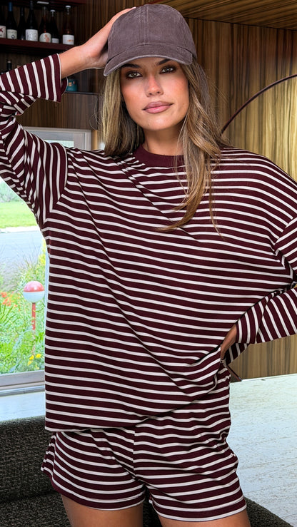 Flossie Long Sleeve Top and Shorts Set - Burgundy/Beige Stripe