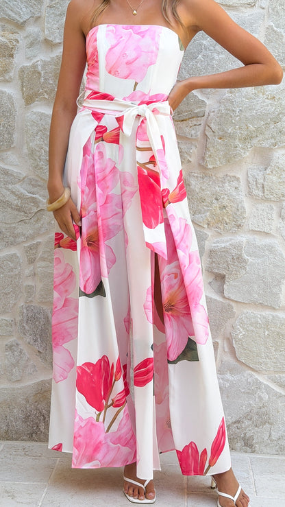 Carson Front Split Strapless Jumpsuit - Pink Floral