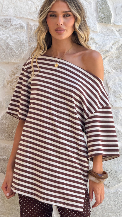 Pia One Shoulder Oversize Tee - Choc/White Stripe