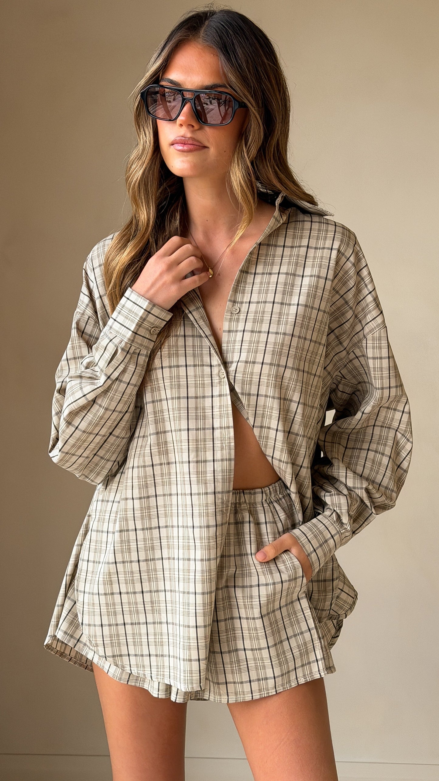 Arli Button Up Shirt - Beige/Brown Plaid