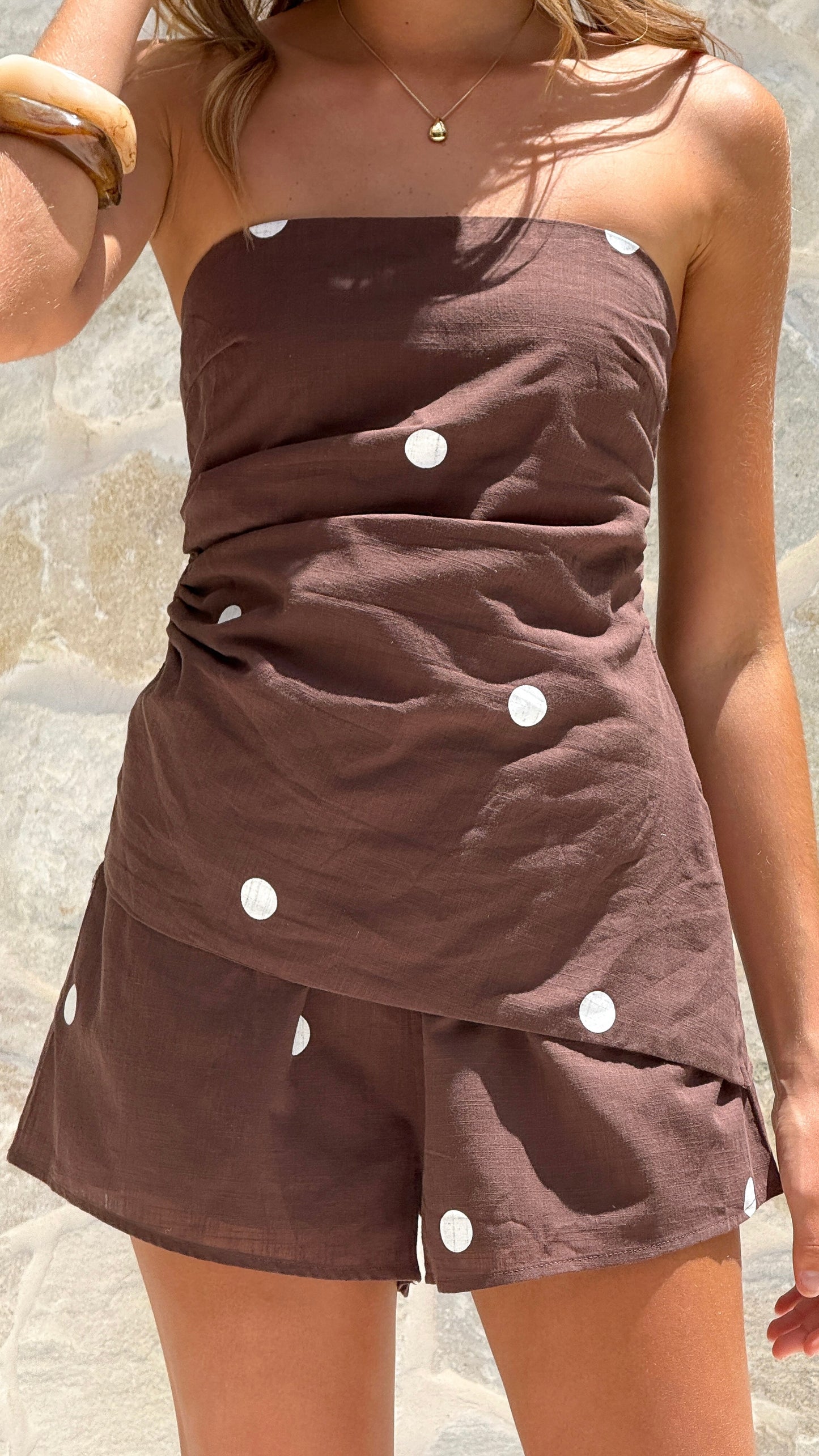 Gia Strapless Top and Shorts Set - Choc/White Polka Dot