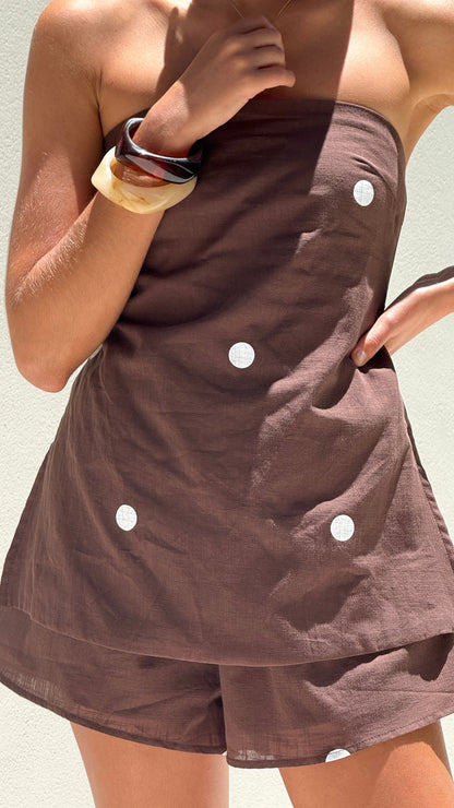 Kiki Strapless Top and Shorts Set - Choc/White Polka Dot
