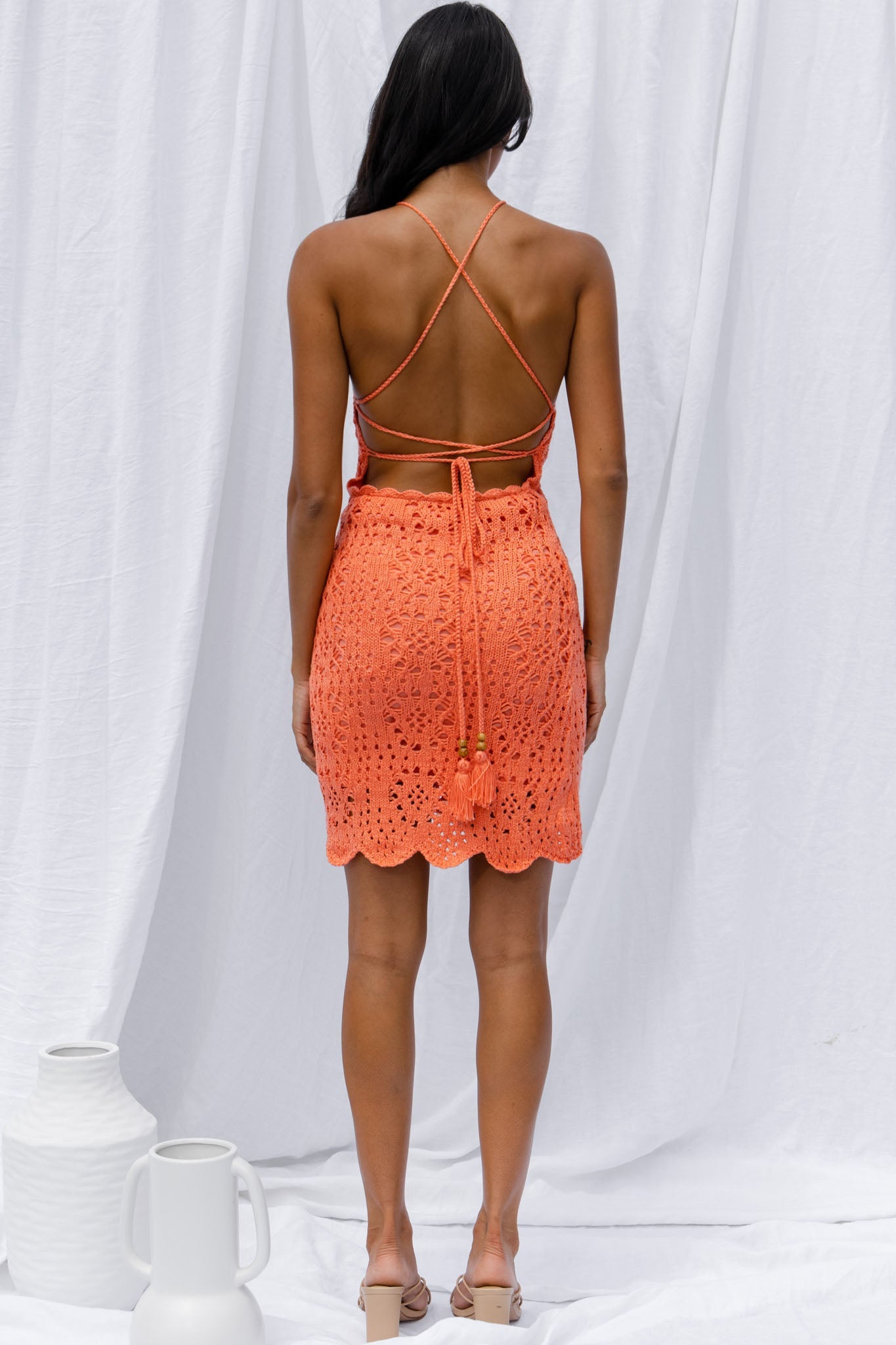Boracay Halterneck Tie-Up Back Crochet Mini Dress Tangerine