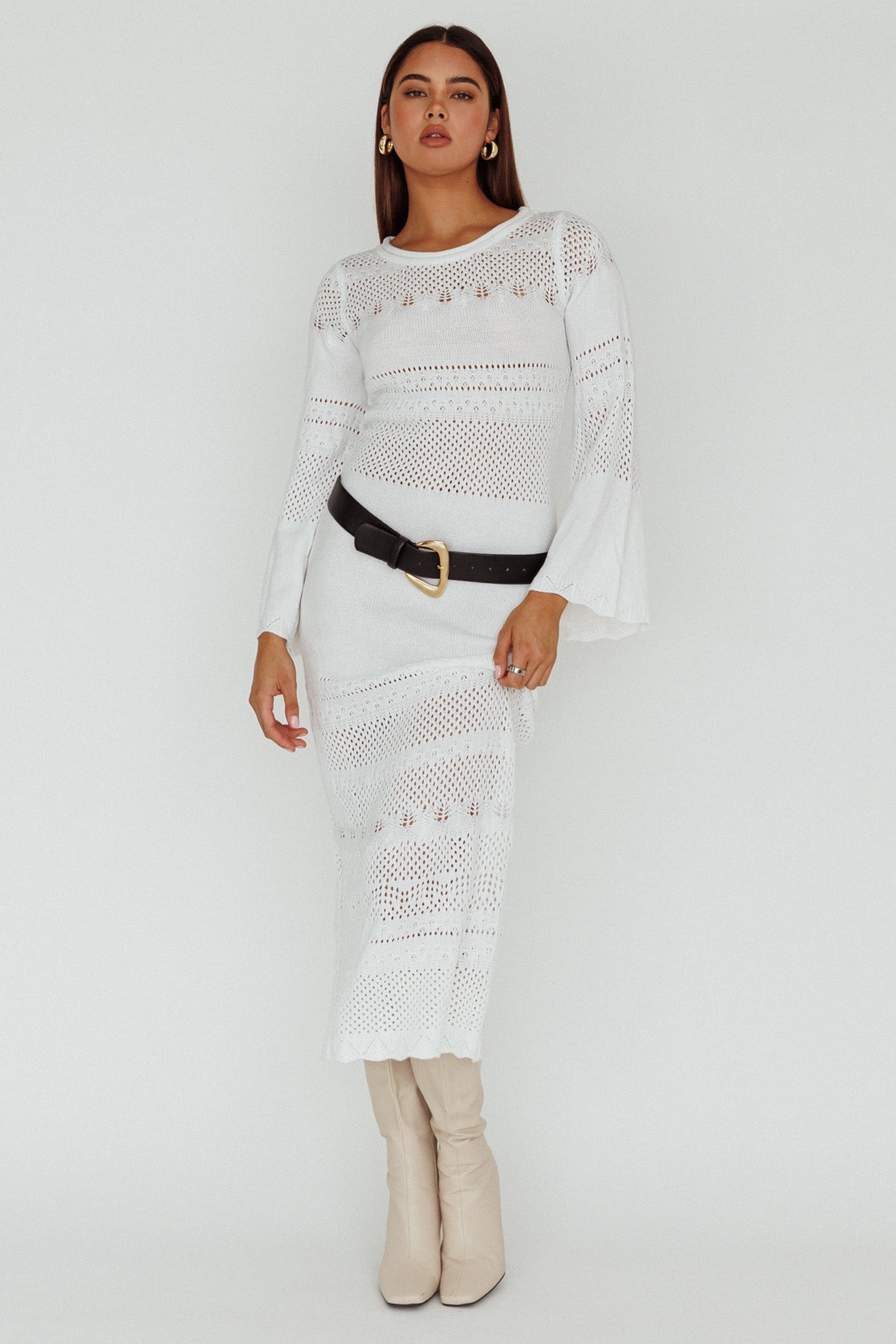 Gail Long Sleeve Crochet Maxi Dress White