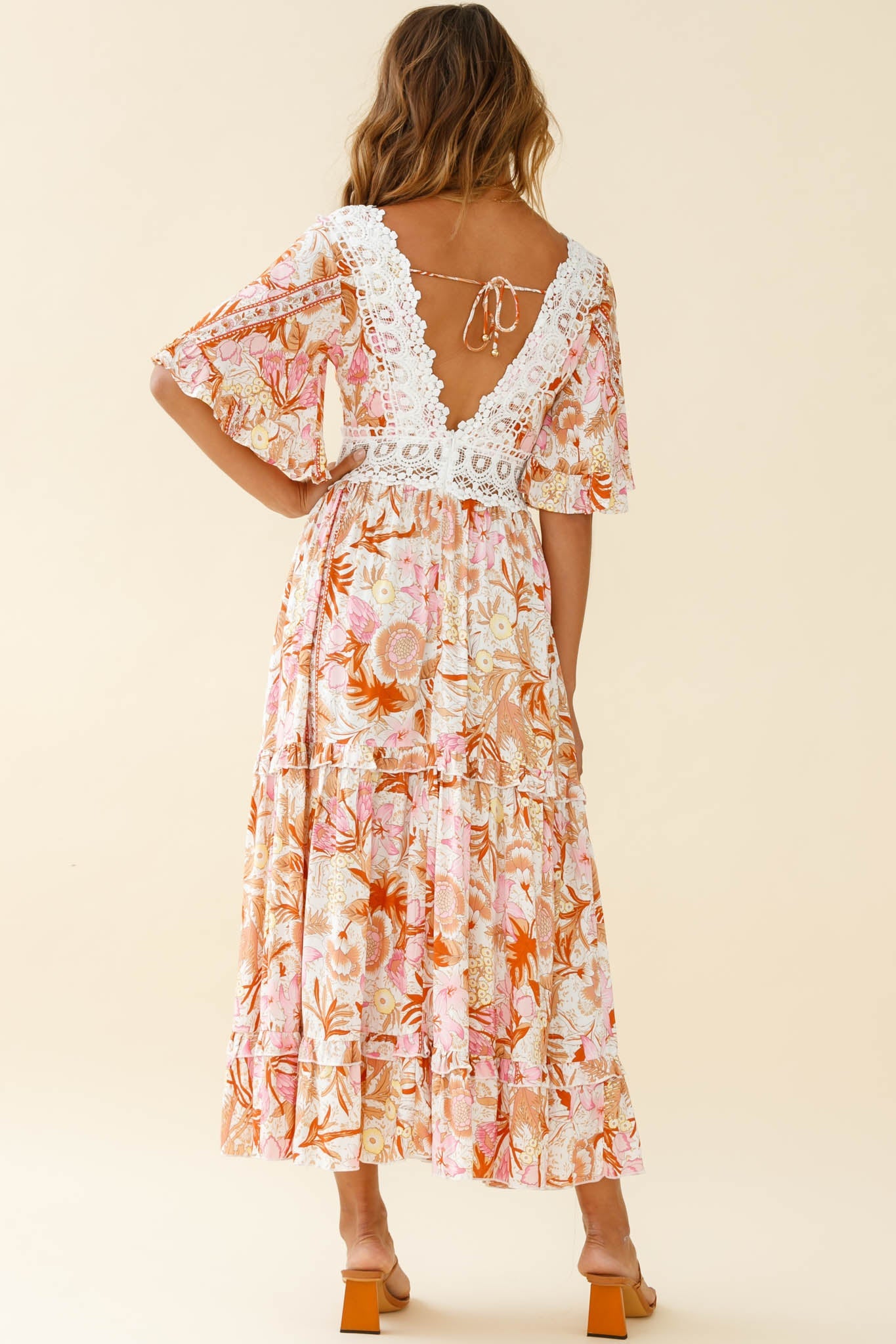 Indio Crochet Insert Deep V-Neckline Angel Sleeve Maxi Dress Floral Print Pink