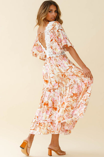 Indio Crochet Insert Deep V-Neckline Angel Sleeve Maxi Dress Floral Print Pink