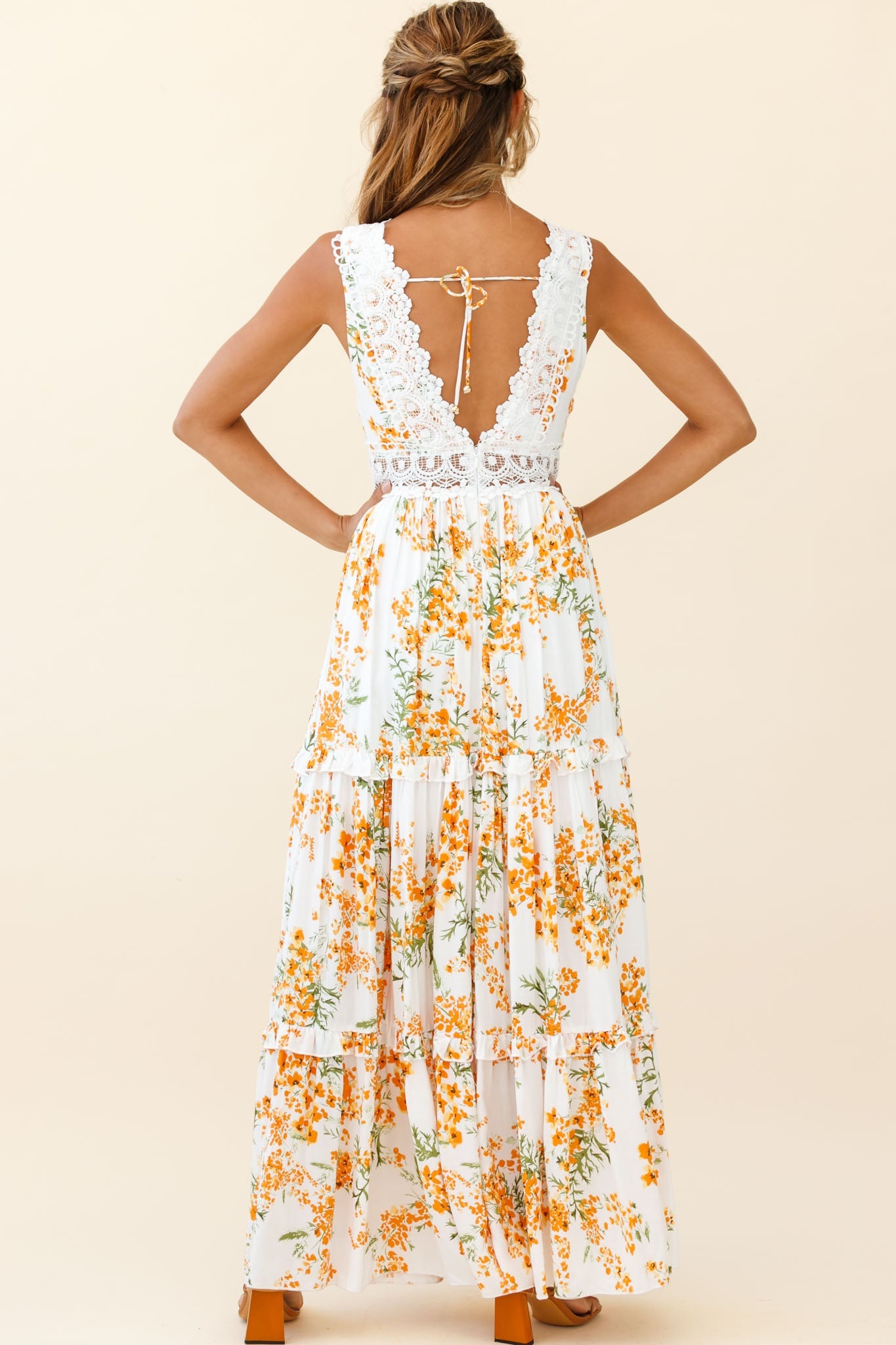 Indio Crochet Insert Deep V-Neckline Maxi Dress Floral Print White/Orange
