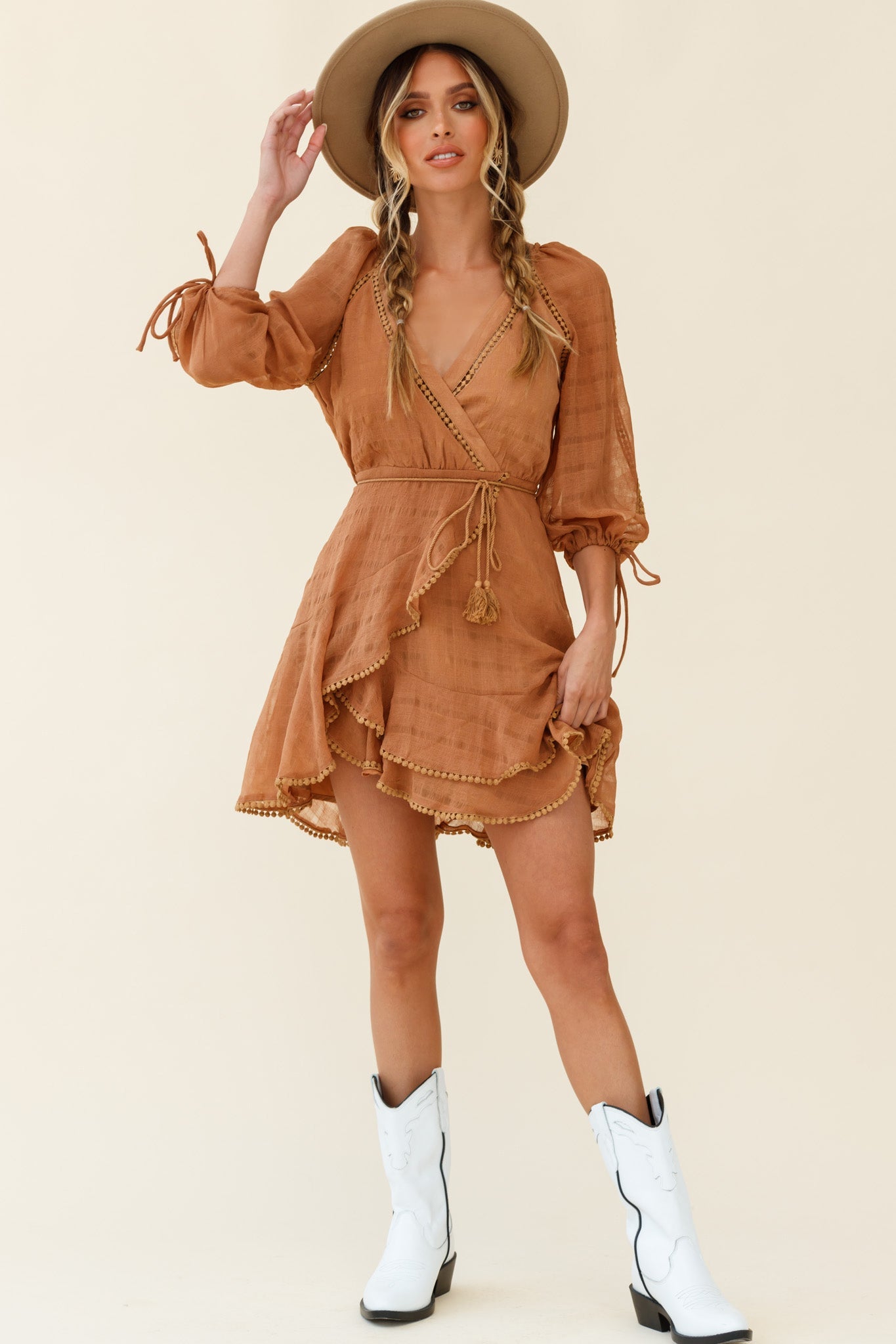 Wilde Balloon Sleeve Crochet Trim Dress Tan