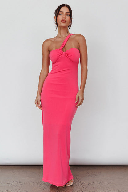 Trinny One-Shoulder Ruched Back Midi Dress Hot Pink