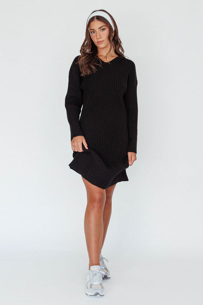 Autumn Hooded Sweater Midi Dress Black