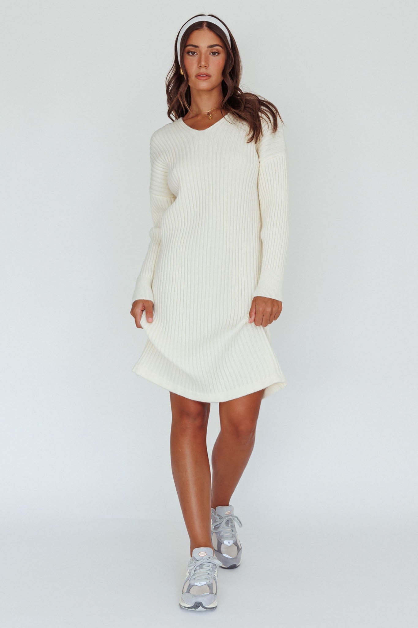 Autumn Hooded Sweater Midi Dress White