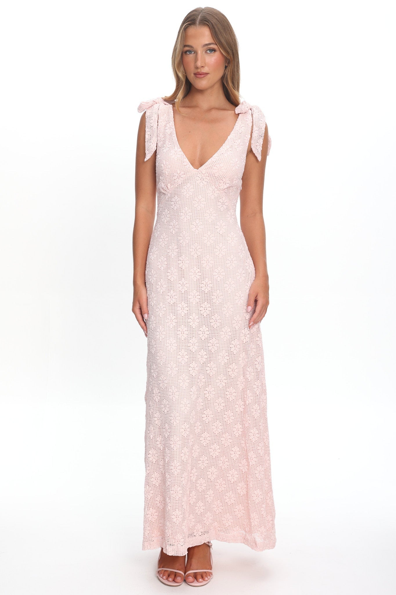 Mykonos Morning Tied Shoulder Maxi Dress Crochet Pink