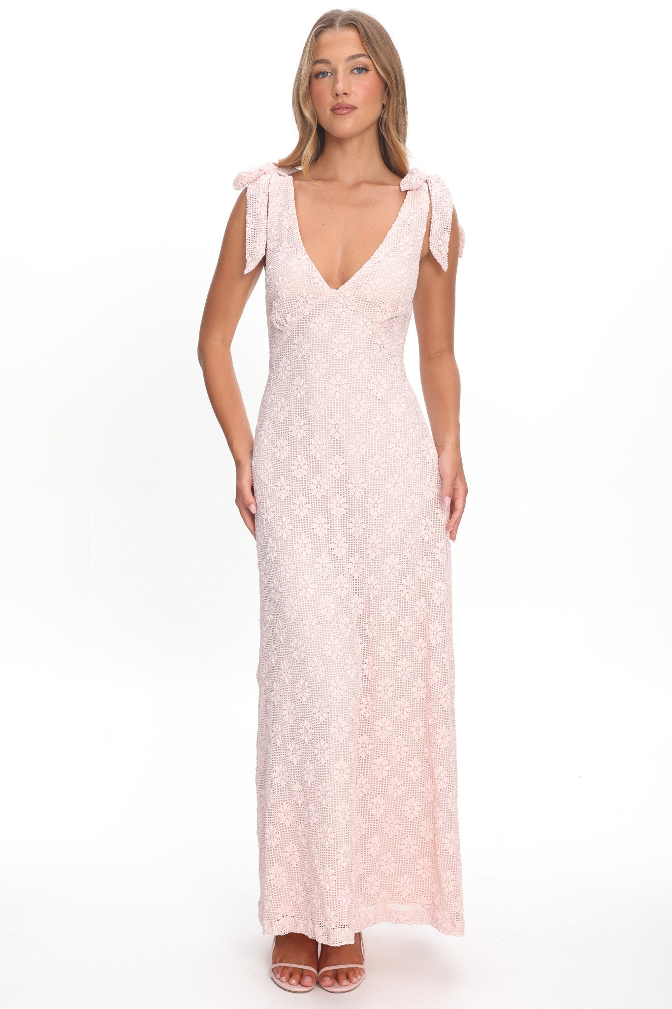 Mykonos Morning Tied Shoulder Maxi Dress Crochet Pink