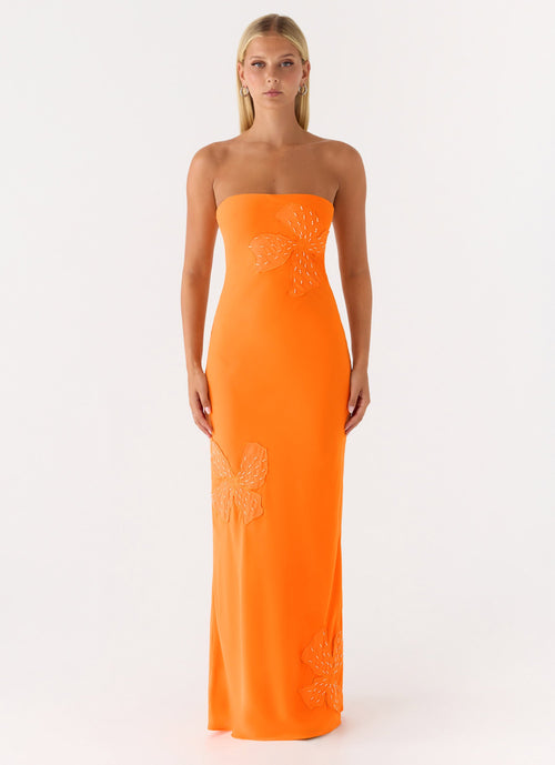 Sassafras Beaded Flower Strapless Maxi Dress - Orange