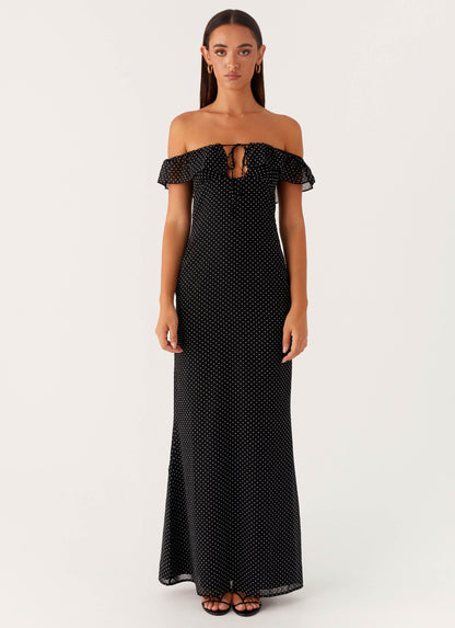 Scarlet Cherry Maxi Dress - Black Polka Dot