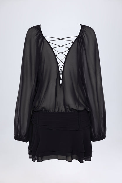 Lace-Up Balloon-Sleeve Mini Dress in Black