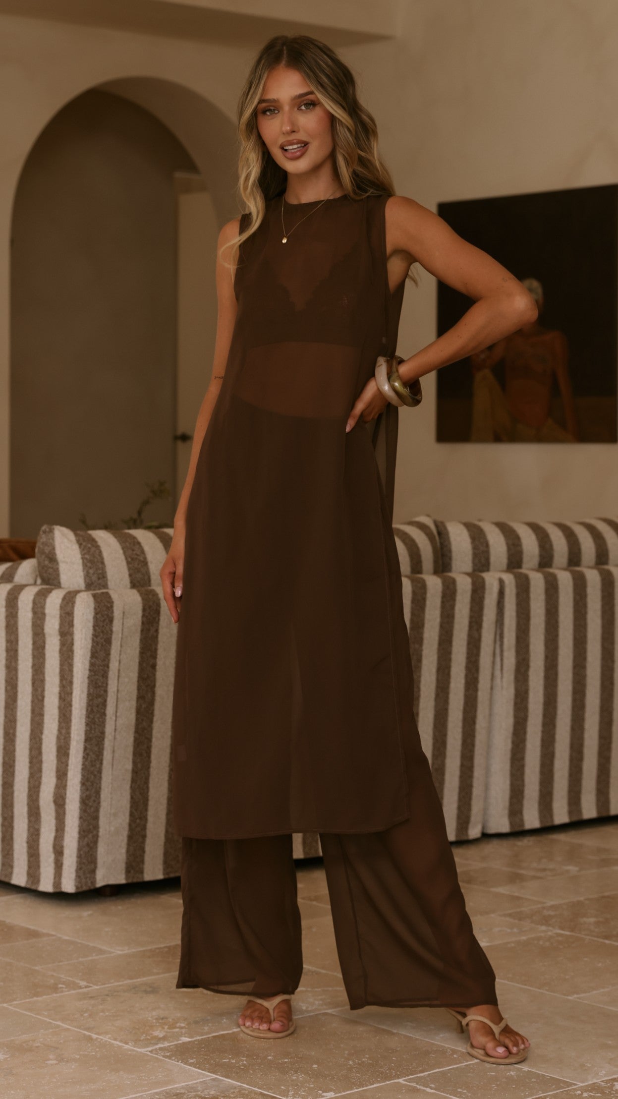 Zaire Long Line Sheer Top and Pants Set - Chocolate