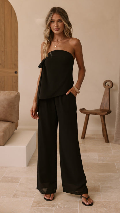 Zabrina Semi Sheer Strapless Top and Pants Set - Black