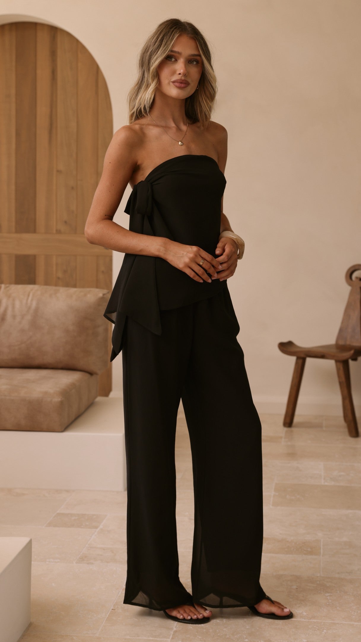 Zabrina Semi Sheer Strapless Top and Pants Set - Black