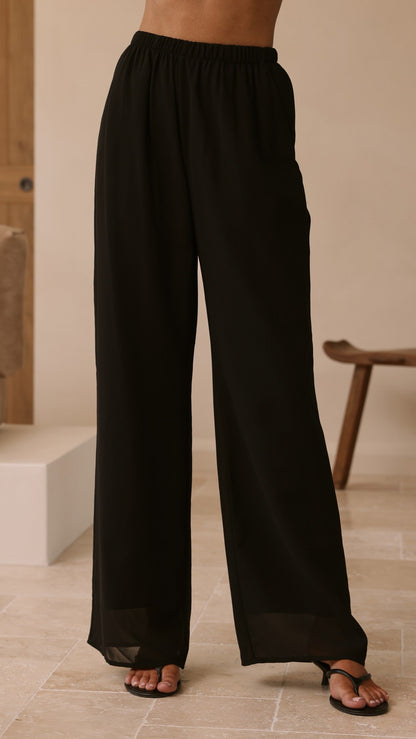 Zabrina Semi Sheer Strapless Top and Pants Set - Black